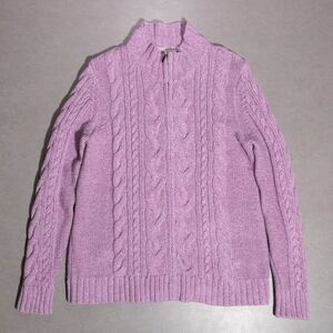 LL Bean Double L Full Zip Cable Knit Pink Cotton Sweater Cardigan Women's XL
